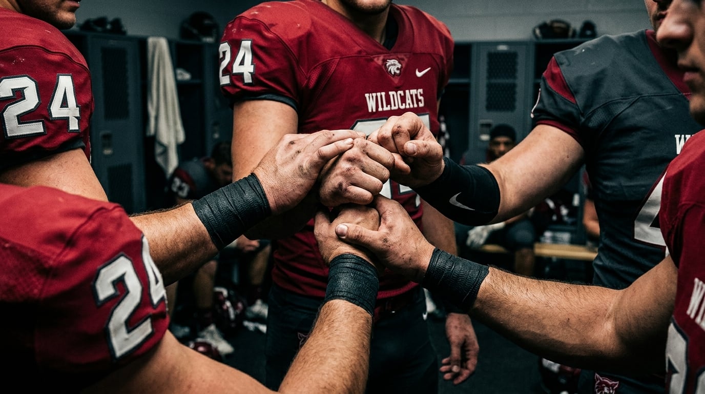 A team of athletes huddled together in maroon and charcoal gear